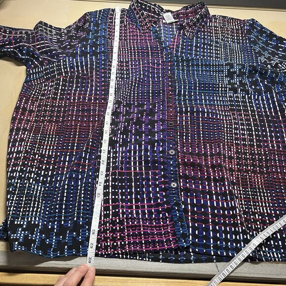 Catherines Womens Dark Geometric Button Up Top Size 3X 3/4 Sleeve Stretch Office - Picture 11 of 11